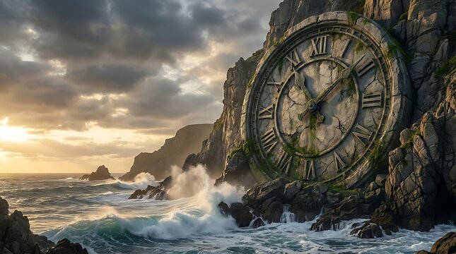 Stone clock carved into cliff.