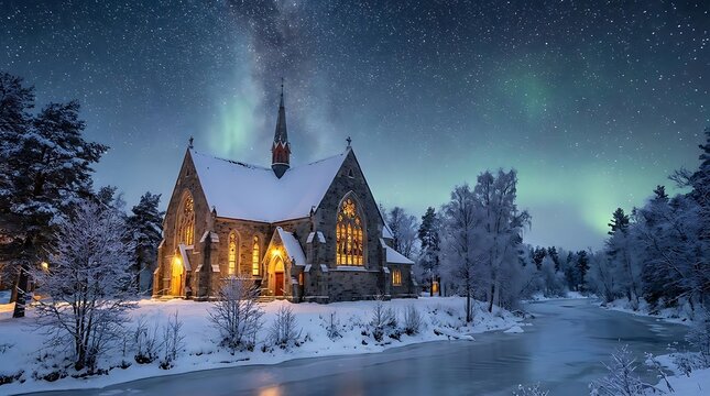 Stone church under aurora borealis in winter snowy landscape