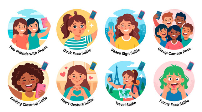 Selfie icons display diverse people capturing mobile phone photos with various gestures and poses like duck face, peace signs, and group expressions to illustrate modern digital social interaction.