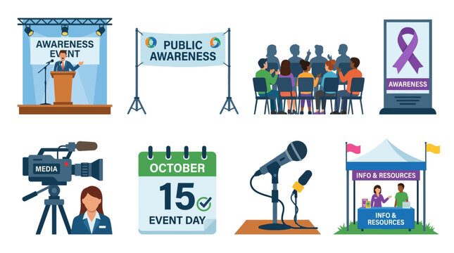 Awareness event icons illustrate public outreach campaigns, media coverage, and informational booths to communicate organizational goals and social initiatives through clear visual storytelling.