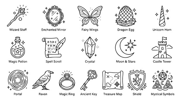 Medieval Magic and Alchemy Outline Icons Collection