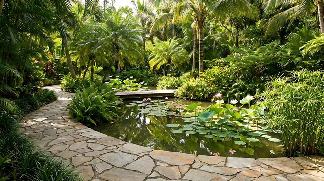 Stone path winding through lush tropical garden near pond.
