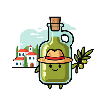 Charming olive oil bottle character with a straw hat and olive branch.