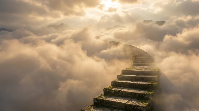 Stone stairs rising through thick clouds into bright sunlight.
