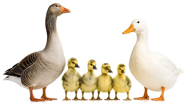 Adult geese with goslings on white background. Family of farm birds standing together.