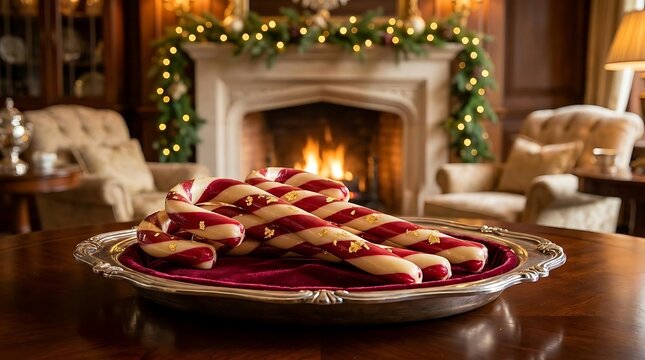 Striped candy canes on platter before burning fireplace.