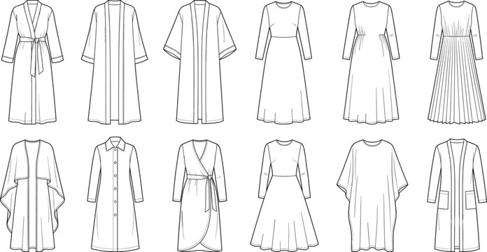 Set of women fashion technical sketches including dresses robes and cardigans for design templates