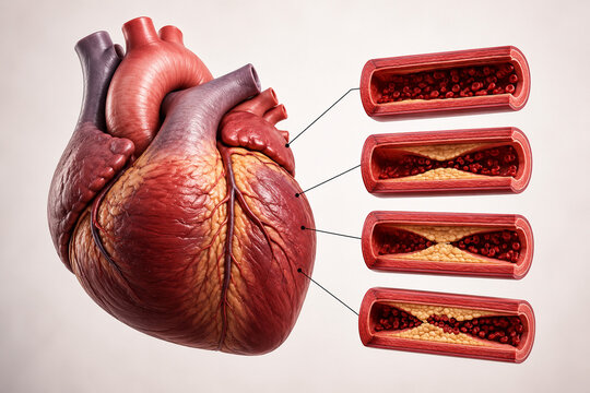 AI generated 3D medical illustration of heart artery plaque progression showing narrowing blood vessels for cardiovascular healthcare education disease prevention
