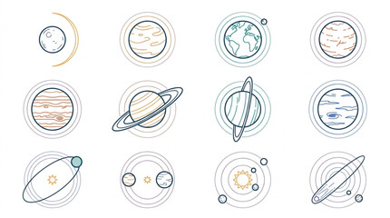 Detailed astronomical icons set with planets and orbits. © Areda