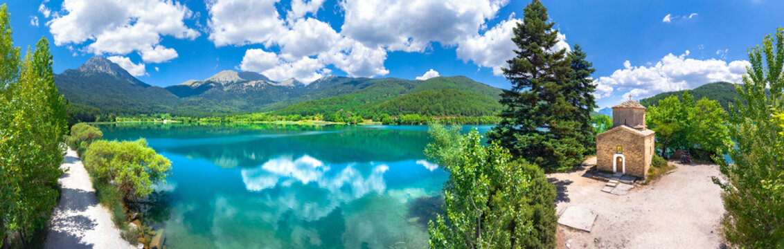 Aerial view of Lake Doxa with Agios (saint) Fanourios chapel in Peloponnese, Greece