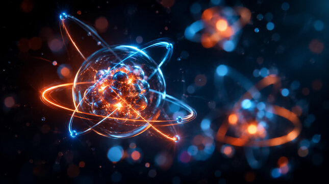 AI generated glowing quantum atom structure orbiting electrons illuminated nucleus representing atomic physics scientific research quantum technology modern education