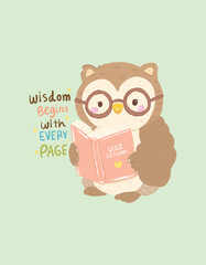 Fototapeta premium Wise owl wearing glasses holding open book with inspirational quotes for studying, hand-drawn back to school illustration, look like teacher iconic animal cozy color