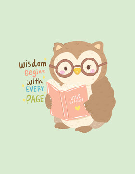 Wise owl wearing glasses holding open book with inspirational quotes for studying, hand-drawn back to school illustration, look like teacher iconic animal cozy color