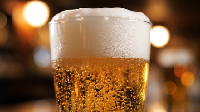 A refreshing glass of golden beer with thick white foam on top