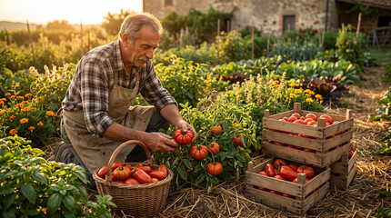 Fototapeta premium Older farmer harvesting ripe red tomatoes in a garden at sunset
