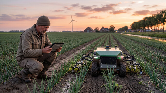 Farmer using a tablet to control an autonomous agricultural robot in a crop field at dusk