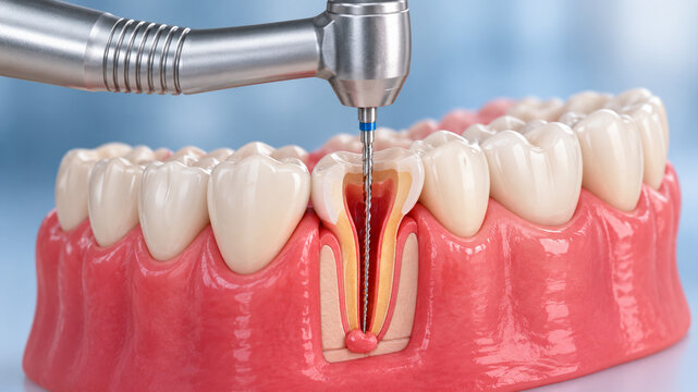 AI generated 3D medical illustration of root canal therapy endodontic file cleaning infected tooth pulp for dental education healthcare