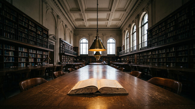 Classic reading room in a historical library with an open book on a wooden table