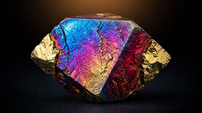 Macro shot of a vibrant iridescent chalcopyrite mineral crystal