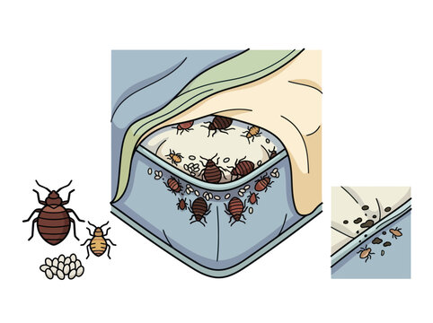 Bed bug infestation illustration showing bugs and eggs hidden in mattress seams