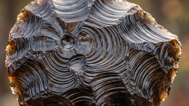 Macro Close Up of Black Obsidian Stone with Conchoidal Fracture
