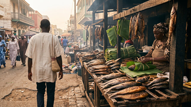 Woman Selling Smoked Fish at a Traditional Market in Senegal