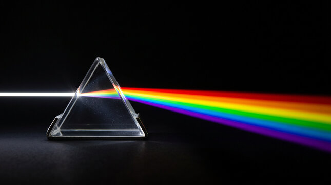 Glass prism dispersing a beam of white light into a colorful rainbow spectrum