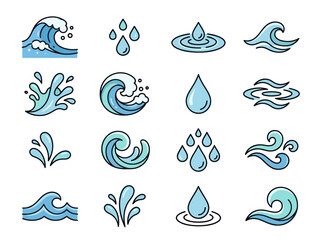 Naklejka premium Water wave and droplet icons set, blue and cyan stylized elements for fluid concepts