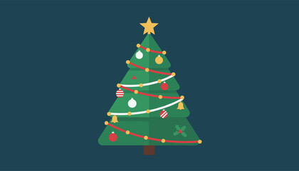 Obraz premium Beautifully decorated green Christmas tree with a golden star on top, lights, garlands, and ornaments on a dark background.