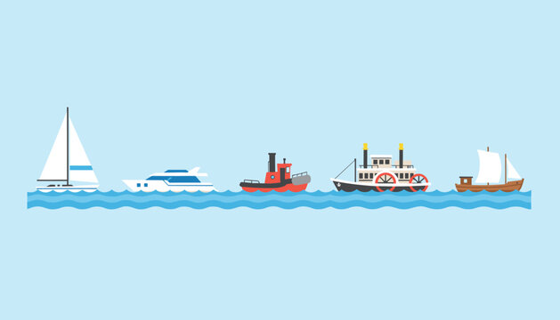 Collection of various types of boats and ships including a yacht, sailboat, tugboat, and steamboat on blue water waves.