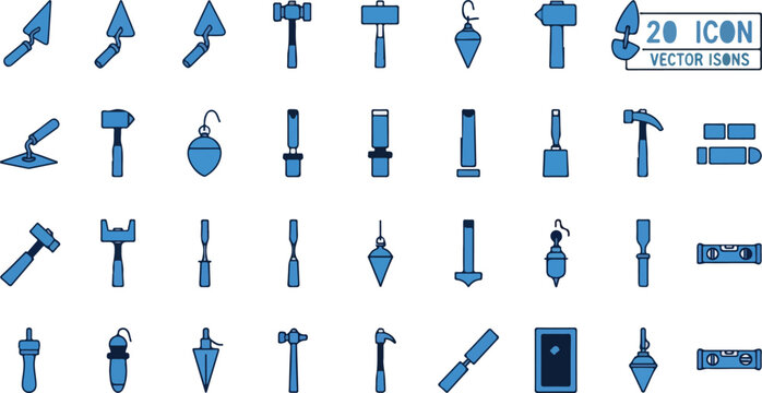 Construction hand tools vector icons set, 20 blue masonry and carpentry equipment symbols, professional building and renovation hardware graphics