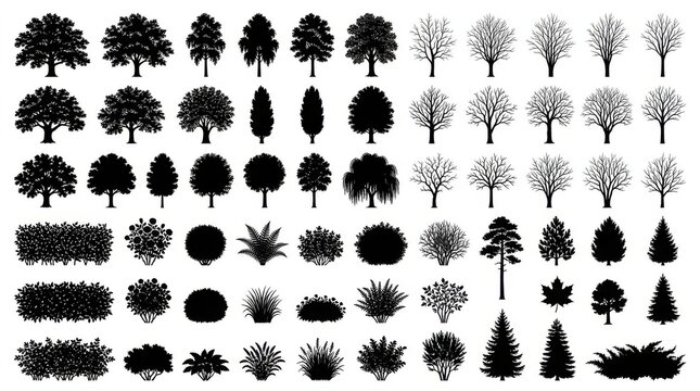 Set of black tree silhouettes and bushes icons isolated on a white background for landscape design and graphic projects