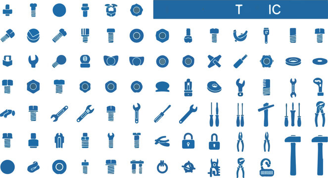 Industrial hardware and tool icons set, blue flat vector bolt and nut symbols, mechanical repair equipment collection for construction and engineering