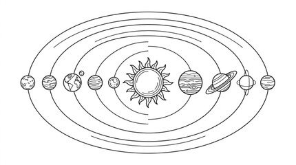 Detailed black and white solar system illustration with planets. © Wazakunf