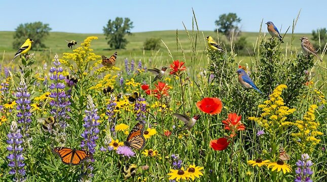 Summer meadow with wildflowers songbirds and butterflies.