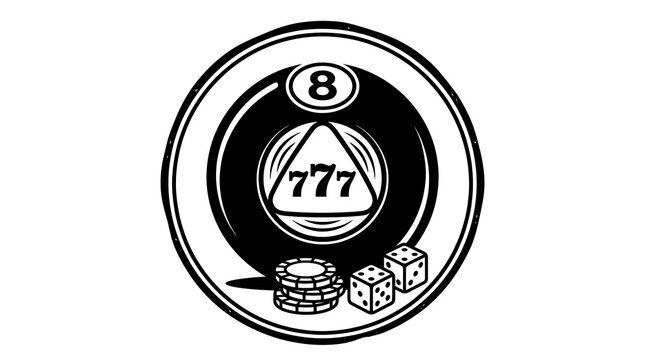Black and White Gambling Symbol Featuring a Lucky Eight Ball and Casino Dice Icon Design