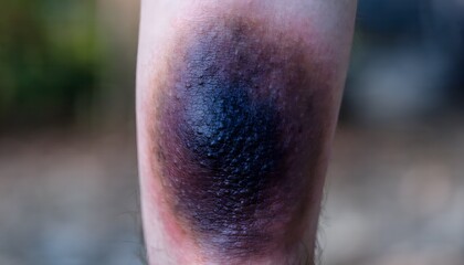 Fototapeta premium Direct shin impact contusion with bone bruising, macro close up view, clinical medical reference photography documentation