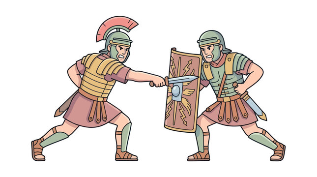 Roman legionaries in combat, clashing swords and shields, conveying historical conflict