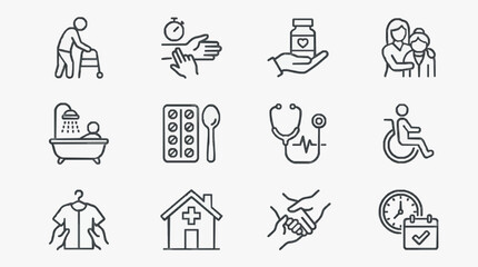 Fototapeta premium Industrial Style Black and White Line Icons Set Featuring Healthcare Elderly Care Medical Assistance and Daily Activities