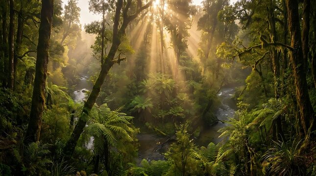 Sunbeams shining through dense green forest trees and ferns.
