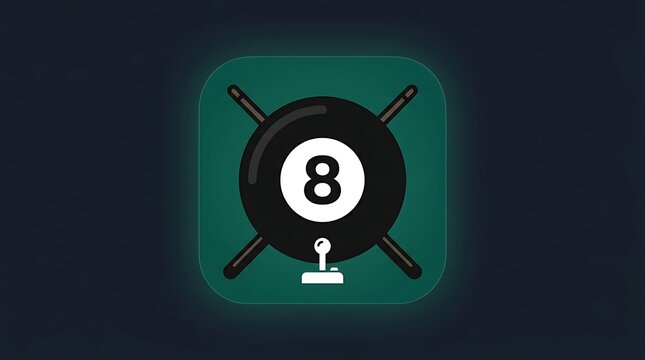 Billiards and arcade game icon with eight ball and crossed cue sticks on green background