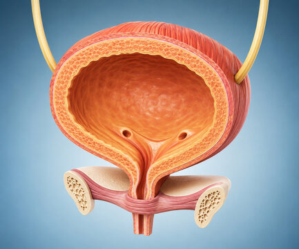 AI generated 3D medical illustration of urinary bladder cross section showing ureters urethra pelvic anatomy for healthcare education biomedical research