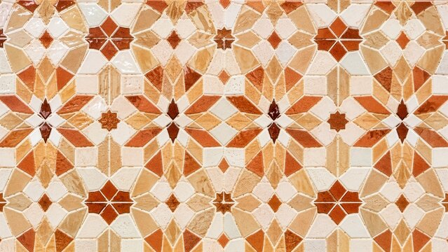 Traditional Moroccan Zellige Mosaic Wall Pattern in Warm Terracotta, Sand and Ivory Glazed Ceramic Tiles