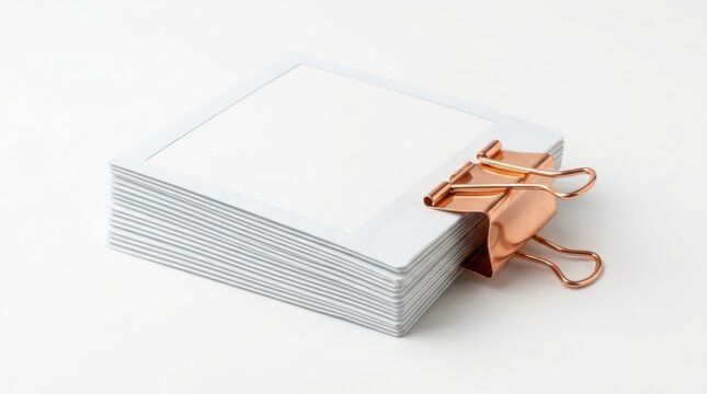 Stack of blank square paper note cards held together with a shiny rose gold metal binder clip for office organization