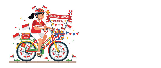 Fototapeta premium Joyful Child Riding Decorated Bicycle with Flags