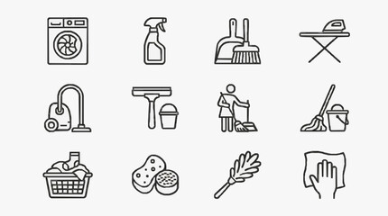 Fototapeta premium Clean Monochrome Line Icons Set Showing Various Household Cleaning Tools and Activities in Black and White