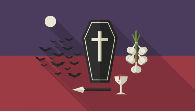 Vampire hunting toolkit flat lay illustration featuring a coffin, wooden stake, garlic, and chalice of blood.