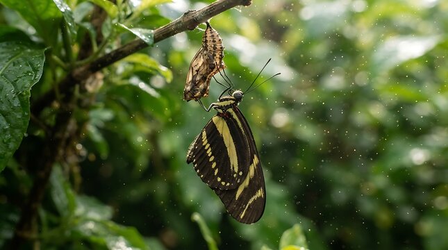 Zebra longwing butterfly hanging from cocoon in misty rain
