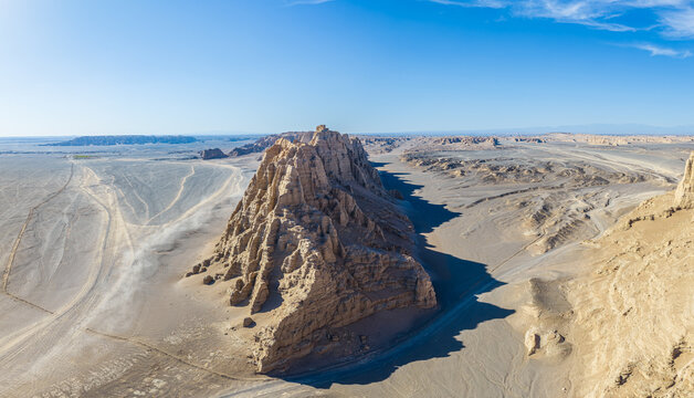 Aerial view of yardang wind-eroded clay formations in the desert, Dahaidao, Xinjiang, China