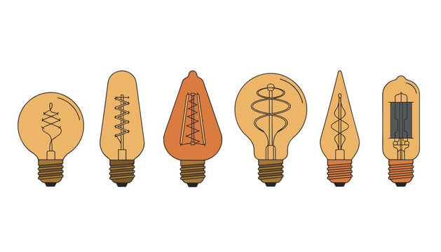 Collection of six vintage Edison filament light bulbs with warm amber glow in various elegant glass shapes.